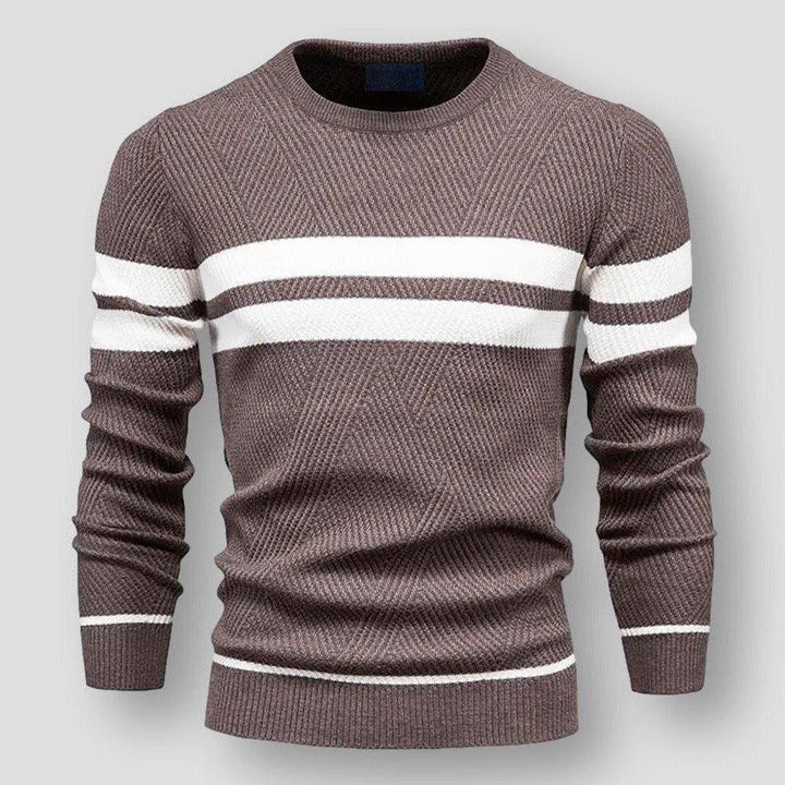 Warm men's striped sweater, a timeless pullover for winter fashion, offering comfort & classic men's style.