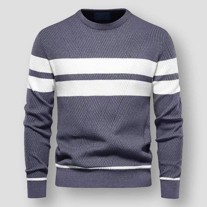 Soft knit men's striped sweater, a comfortable & versatile casual top for modern men's everyday fashion.