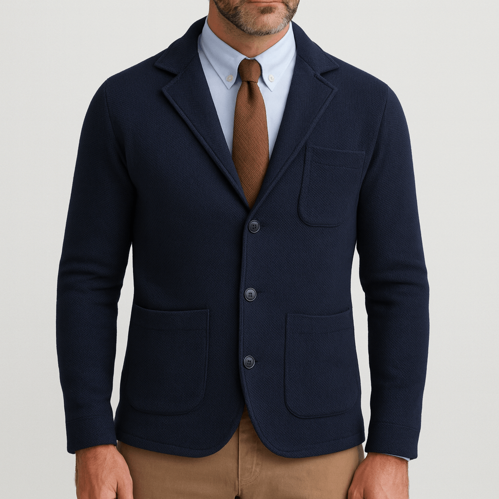 Versatile men's tailored blazer jacket for layering, enhancing both formal and smart casual ensembles.