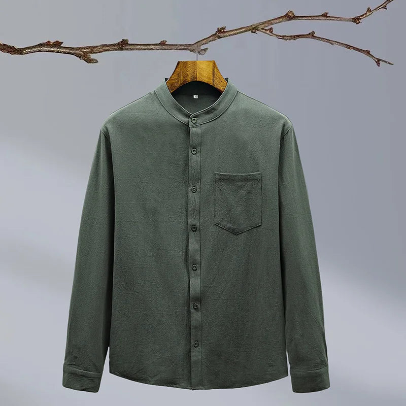 Close-up of a men's versatile long-sleeve button-up shirt, showcasing tailored fit for effortless style.