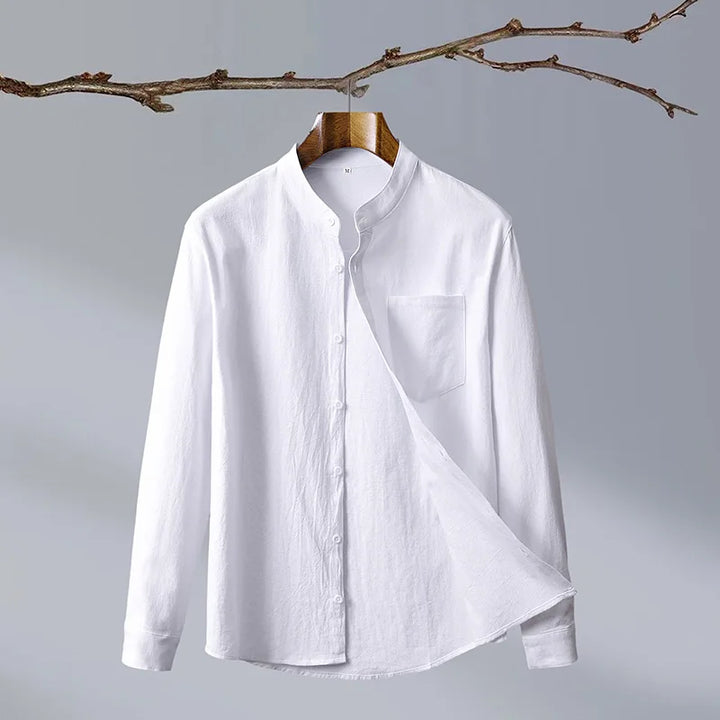 Model wearing a comfortable men's tailored button-up shirt, perfect for smart casual and everyday apparel.