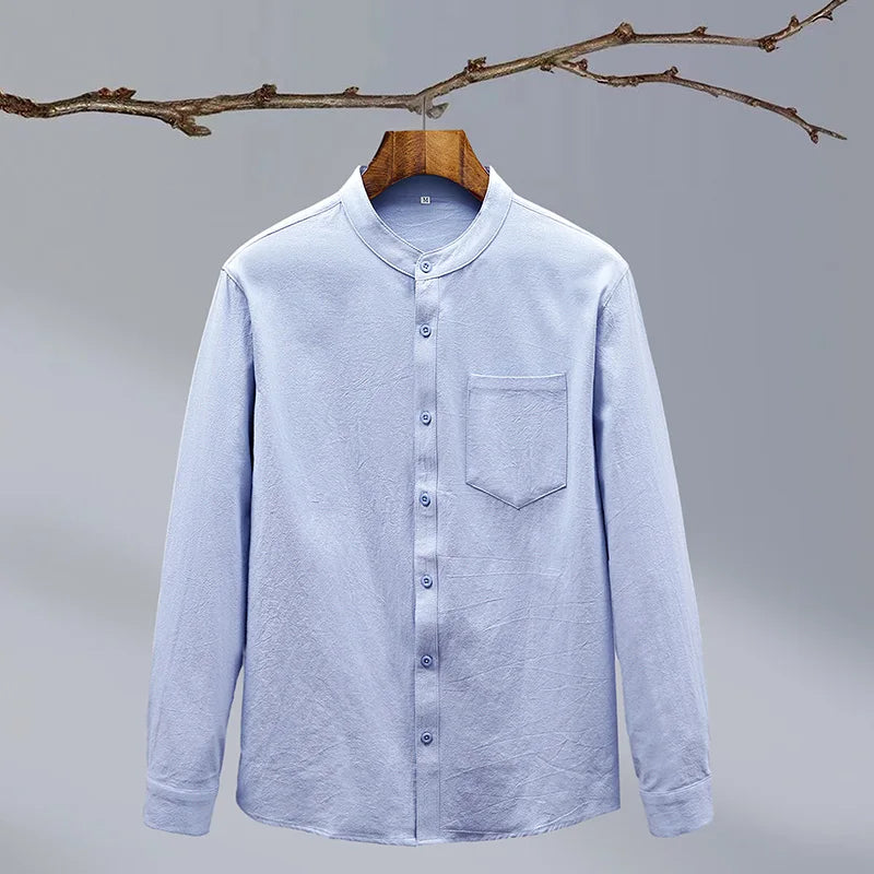 Versatile men's long-sleeve button-up top, designed with a tailored fit for modern men's fashion.