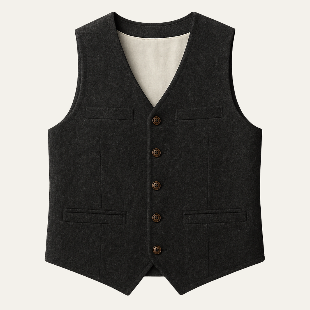 Men's classic tailored button-up waistcoat in dark grey, perfect for formal or smart casual occasions.