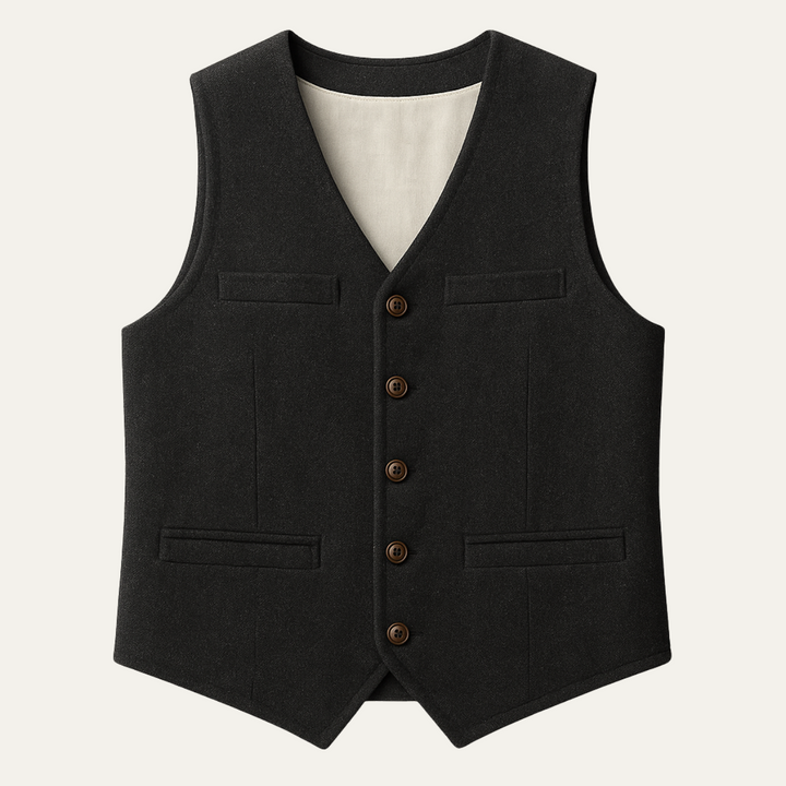 Men's classic tailored button-up waistcoat in dark grey, perfect for formal or smart casual occasions.