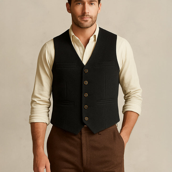 Detailed view of a men's classic button-up waistcoat, showing intricate buttons and tailored fabric.