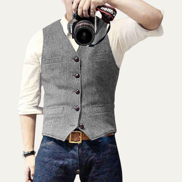 Back of a men's tailored waistcoat with adjustable strap, ensuring a comfortable and classic fit.