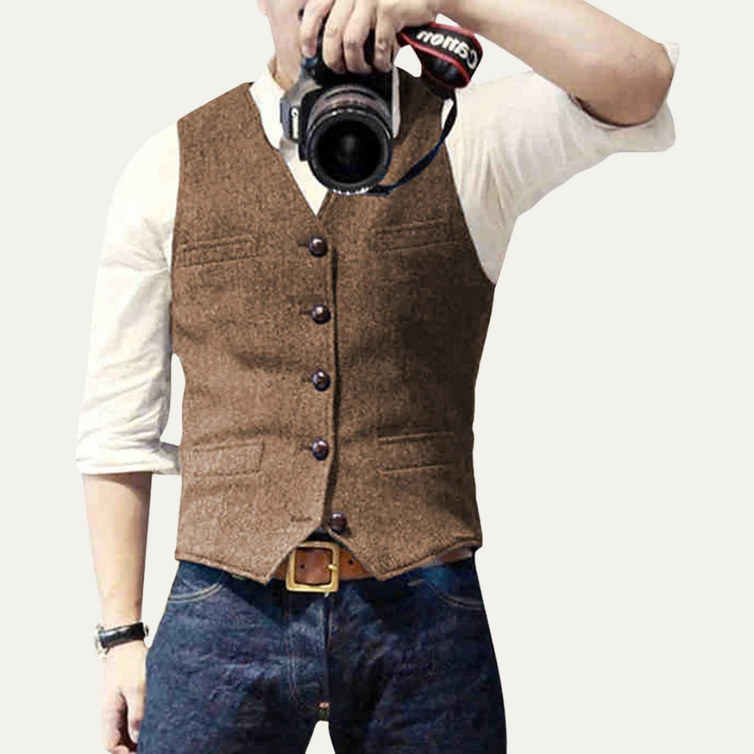 Men's formal button-up waistcoat, styled as a sophisticated layering piece for a complete business look.