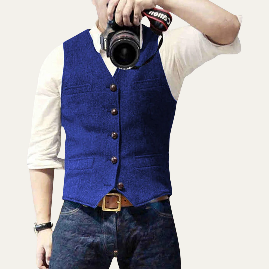 Dark navy men's tailored waistcoat, a classic button-up vest for versatile formal and smart casual wear.
