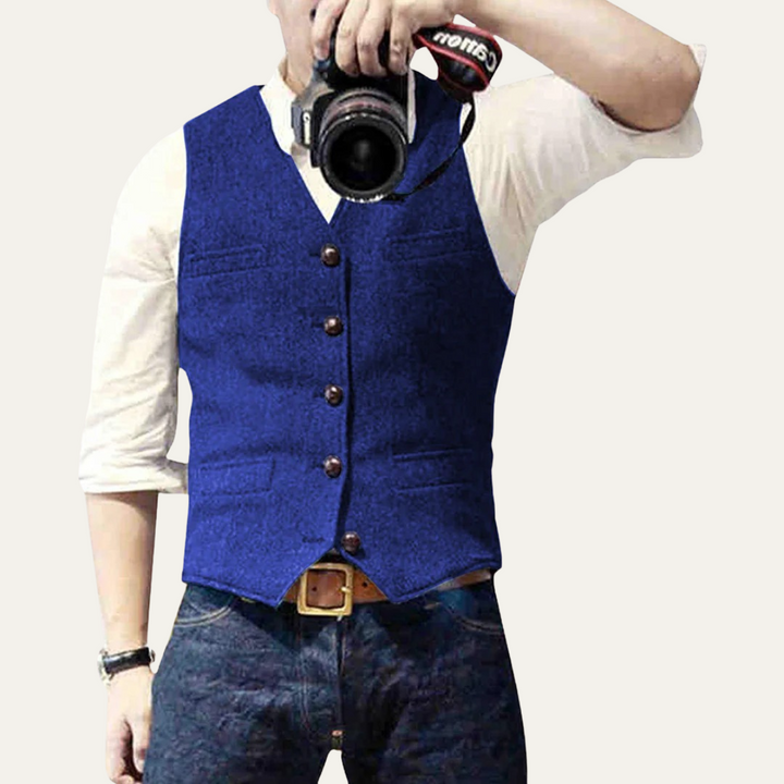 Dark navy men's tailored waistcoat, a classic button-up vest for versatile formal and smart casual wear.