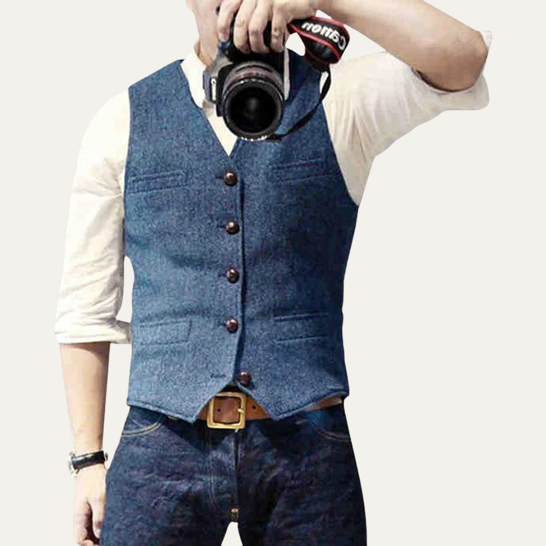 Light grey men's classic waistcoat, a tailored button-up vest for elegant smart casual outfits.