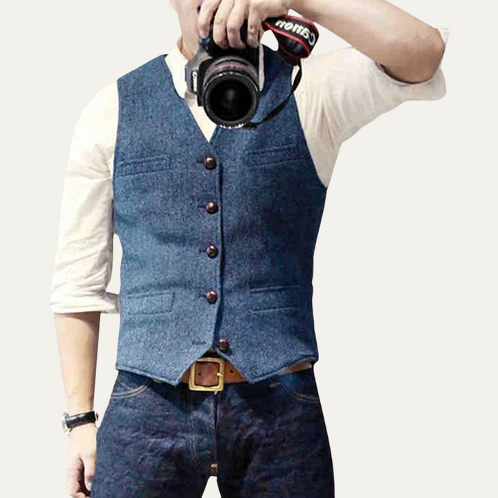 Light grey men's classic waistcoat, a tailored button-up vest for elegant smart casual outfits.