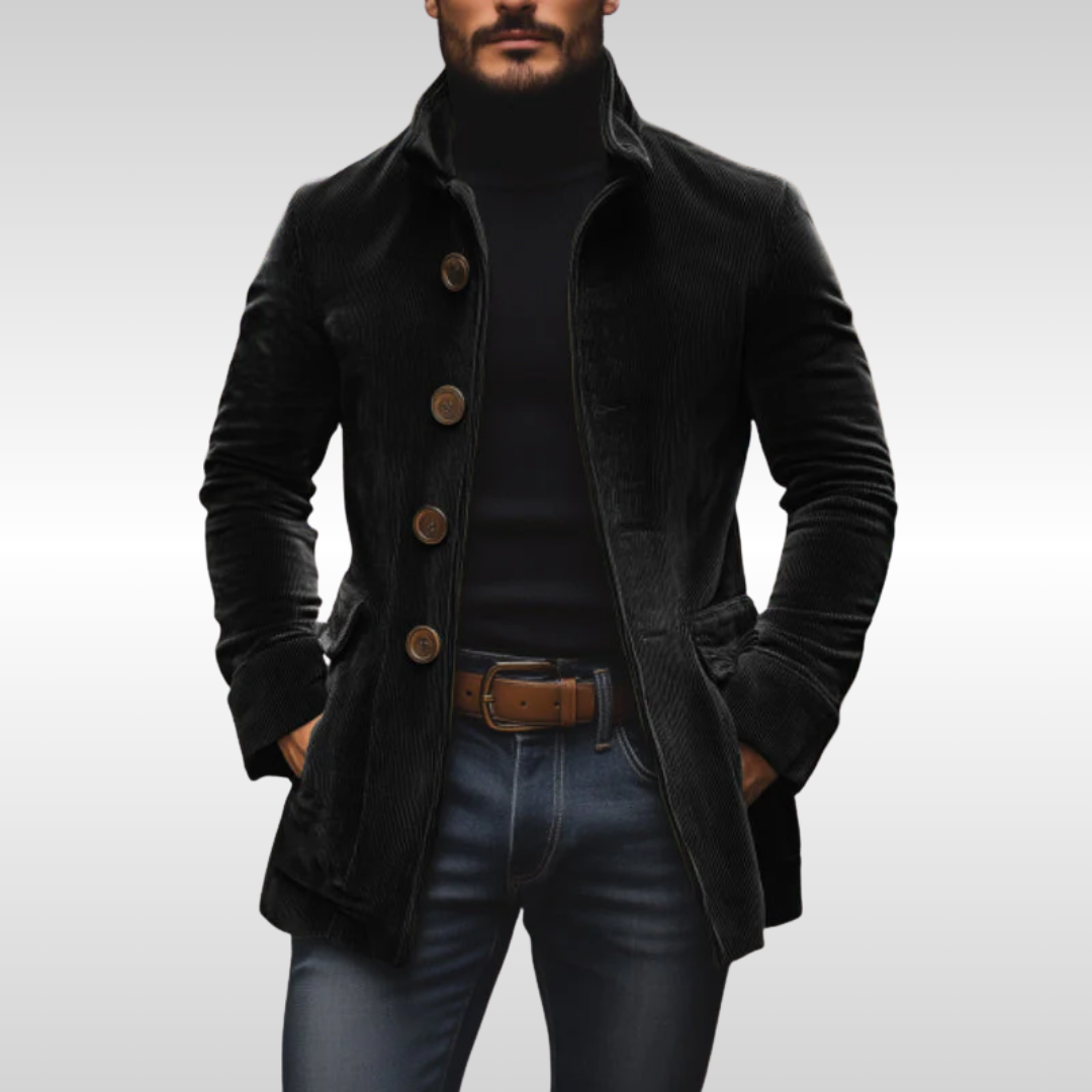 Detail of a men's versatile tailored jacket, ideal for layering. Quality fall & winter smart casual coat.