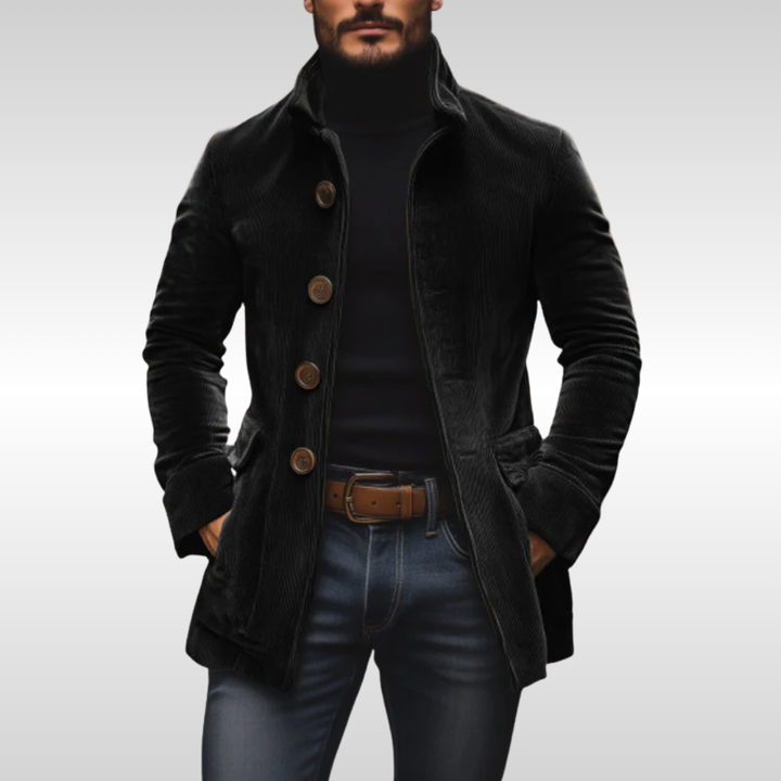 Detail of a men's versatile tailored jacket, ideal for layering. Quality fall & winter smart casual coat.