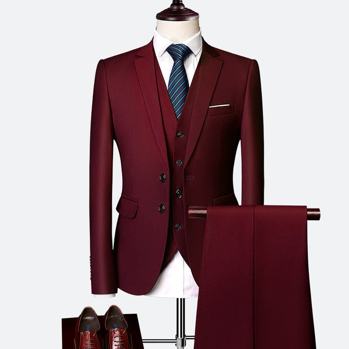 Men's fashion tailored three-piece suit. Ideal business attire or wedding suit. Classic, slim fit for events.
