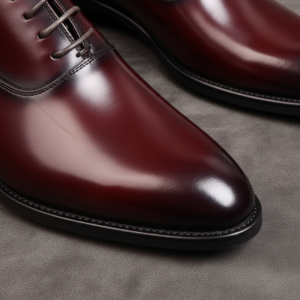 Close-up of a men's classic brown leather dress shoe, Vernon style, highlighting the polished finish and fine stitching.