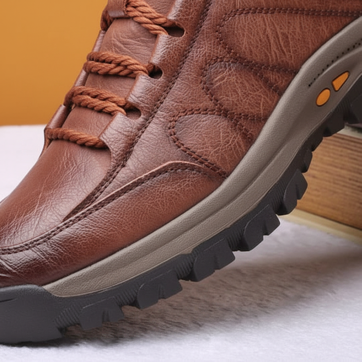 Closeup of men's black leather lace-up dress shoes, showcasing quality craftsmanship and orthopedic design.