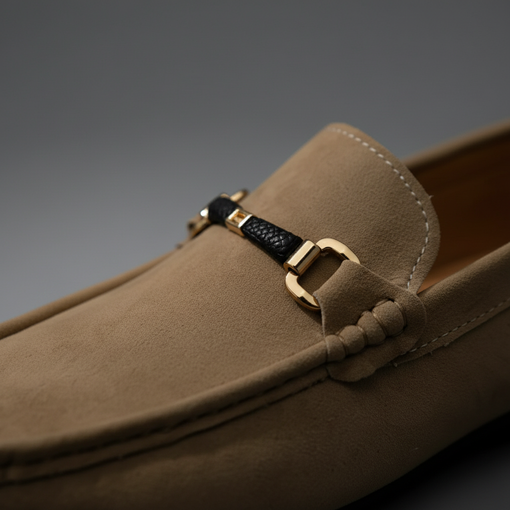 Close-up of classic tan leather men's loafers, highlighting the comfortable slip-on design and quality stitching.