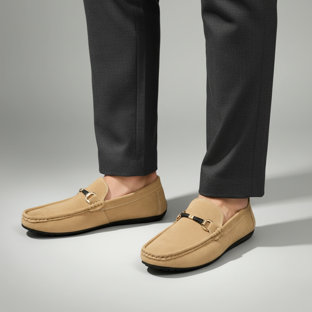 Side view of black men's comfortable slip-on dress shoes, featuring a timeless classic loafer silhouette.