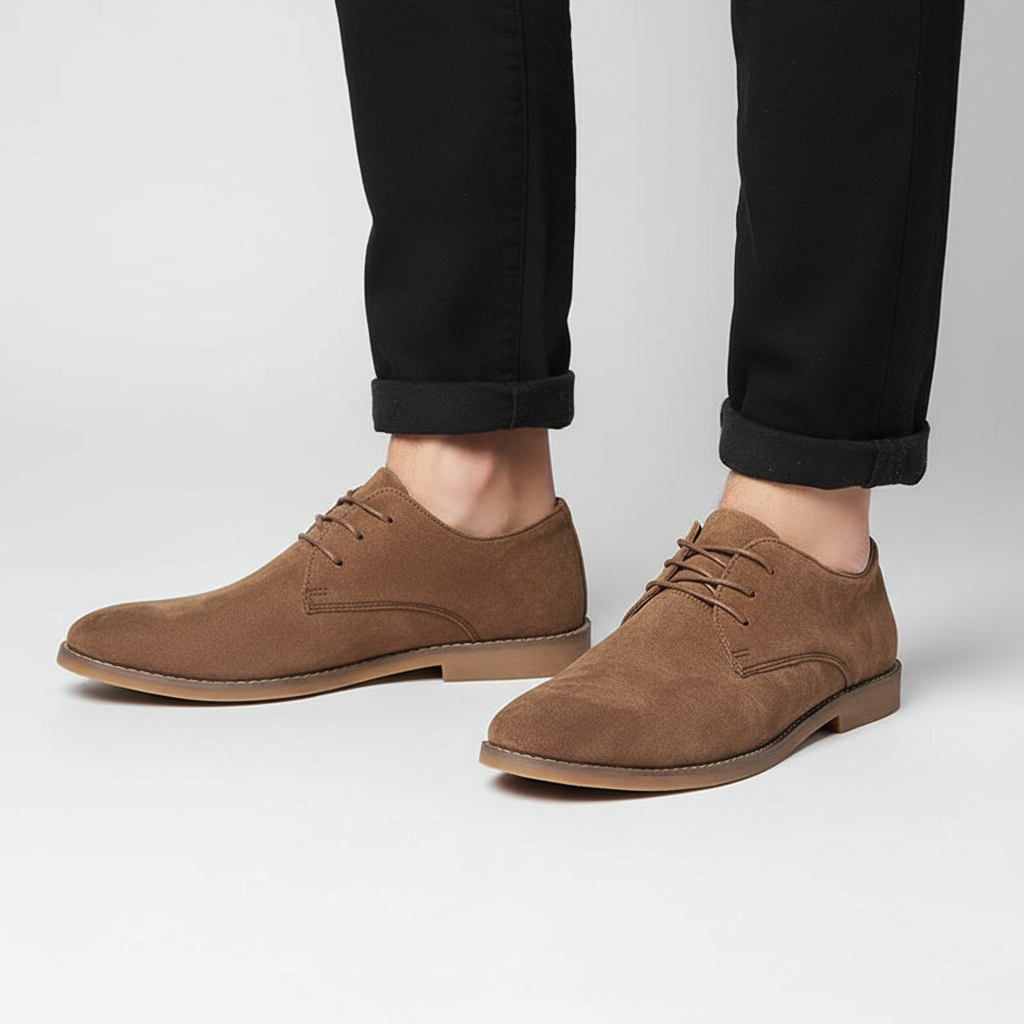 Stylish men's black vegan suede Oxford lace-up shoes, offering timeless formal fashion.