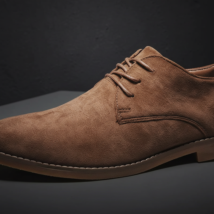 Close-up of men's classic brown Oxford lace-up dress shoes, highlighting vegan suede texture.
