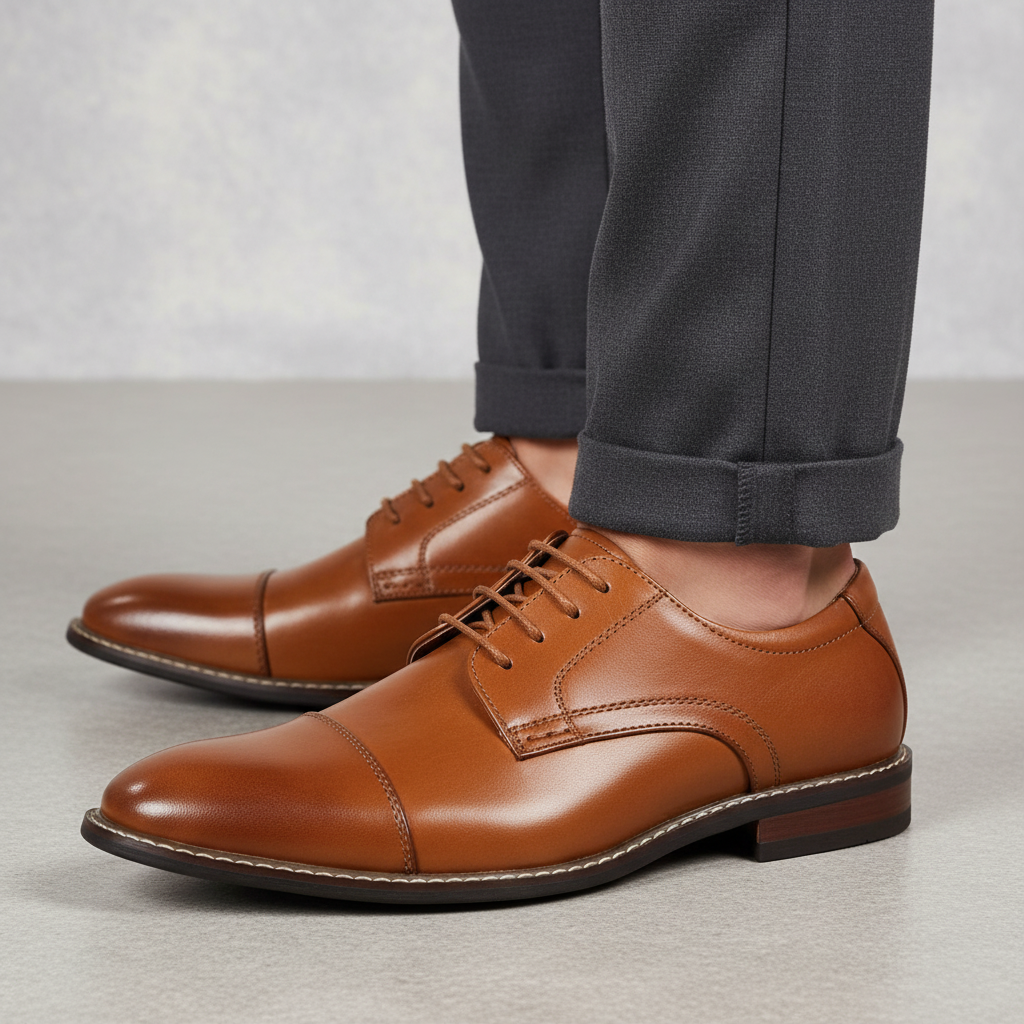 Men's classic tan wingtip brogue oxford dress shoes for formal or smart casual wear, front view