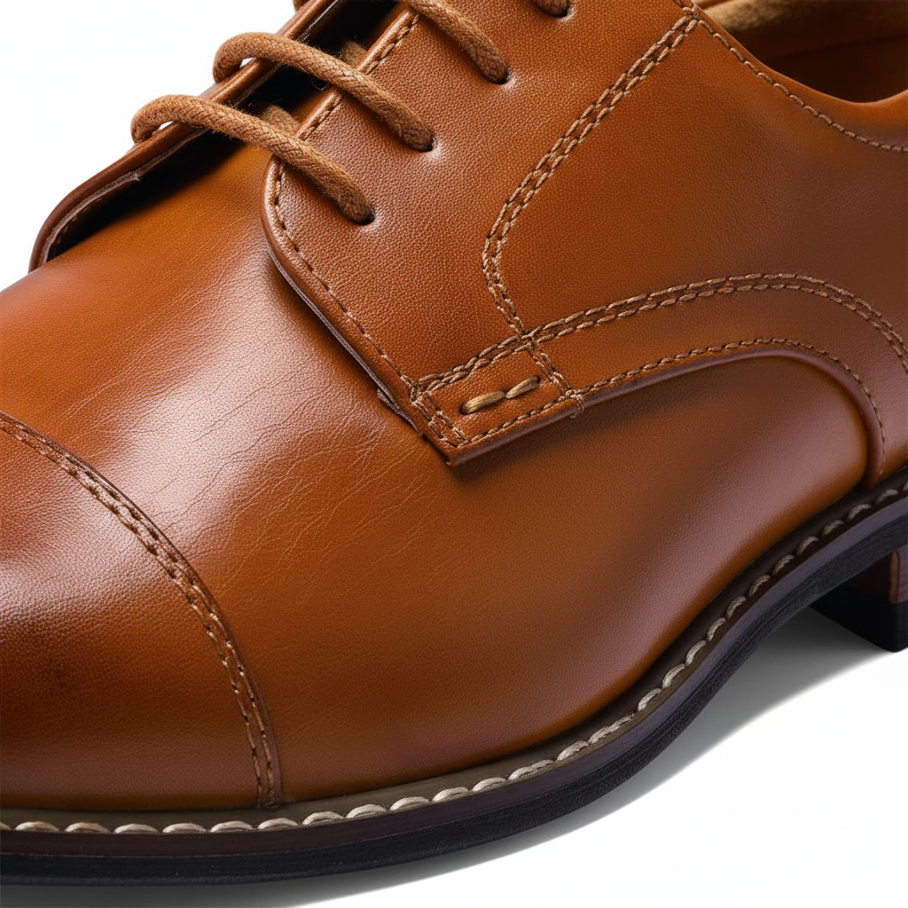 Detailed close-up of the wingtip and brogue detailing on men's brown oxford dress shoes