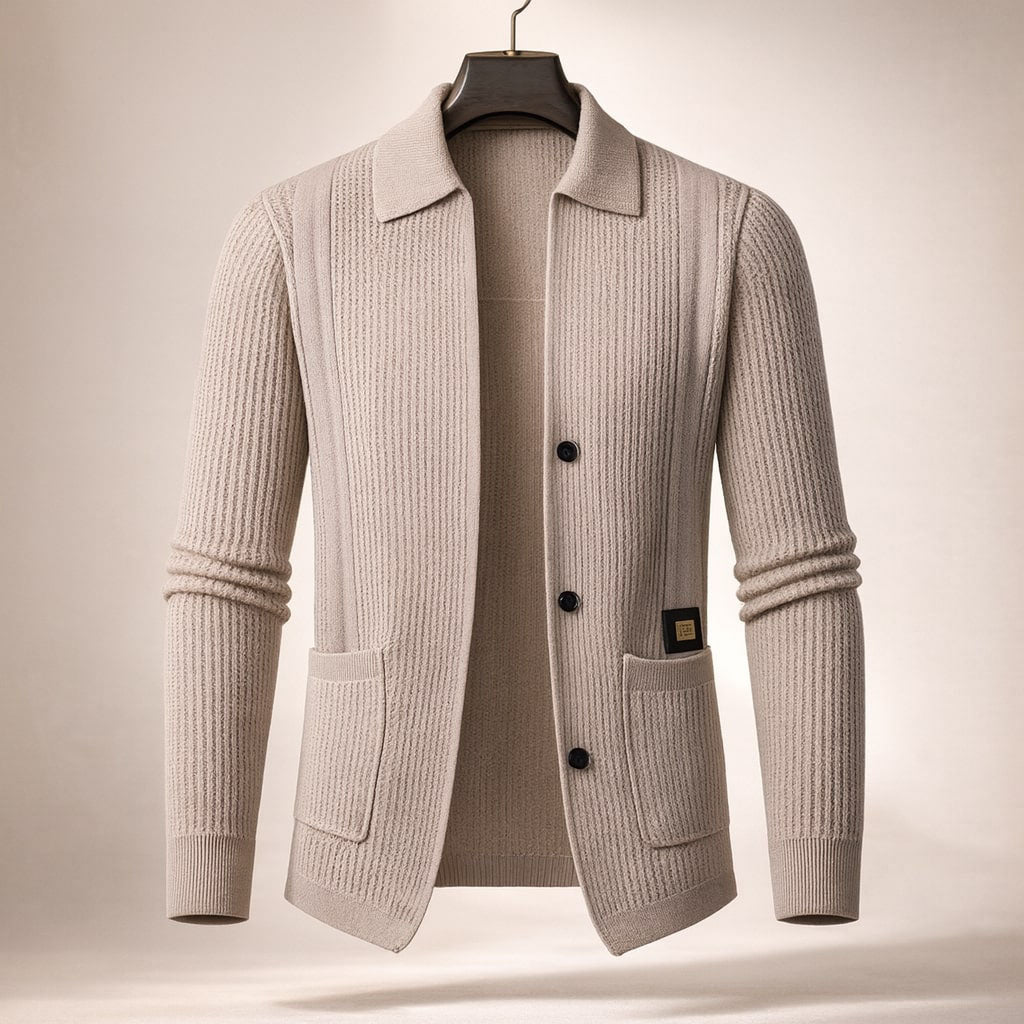 Men's classic textured button-front cardigan. Versatile casual sweater for refined comfort and layering.