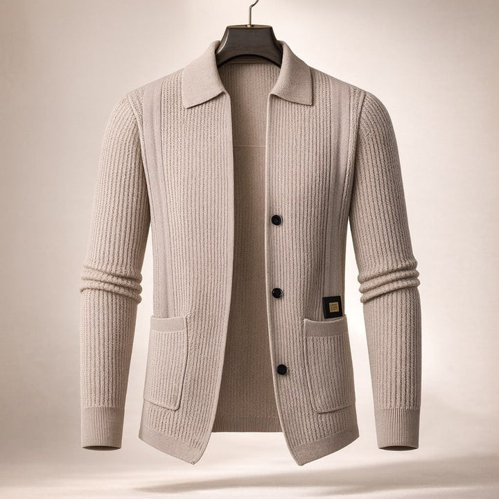 Men's classic textured button-front cardigan. Versatile casual sweater for refined comfort and layering.
