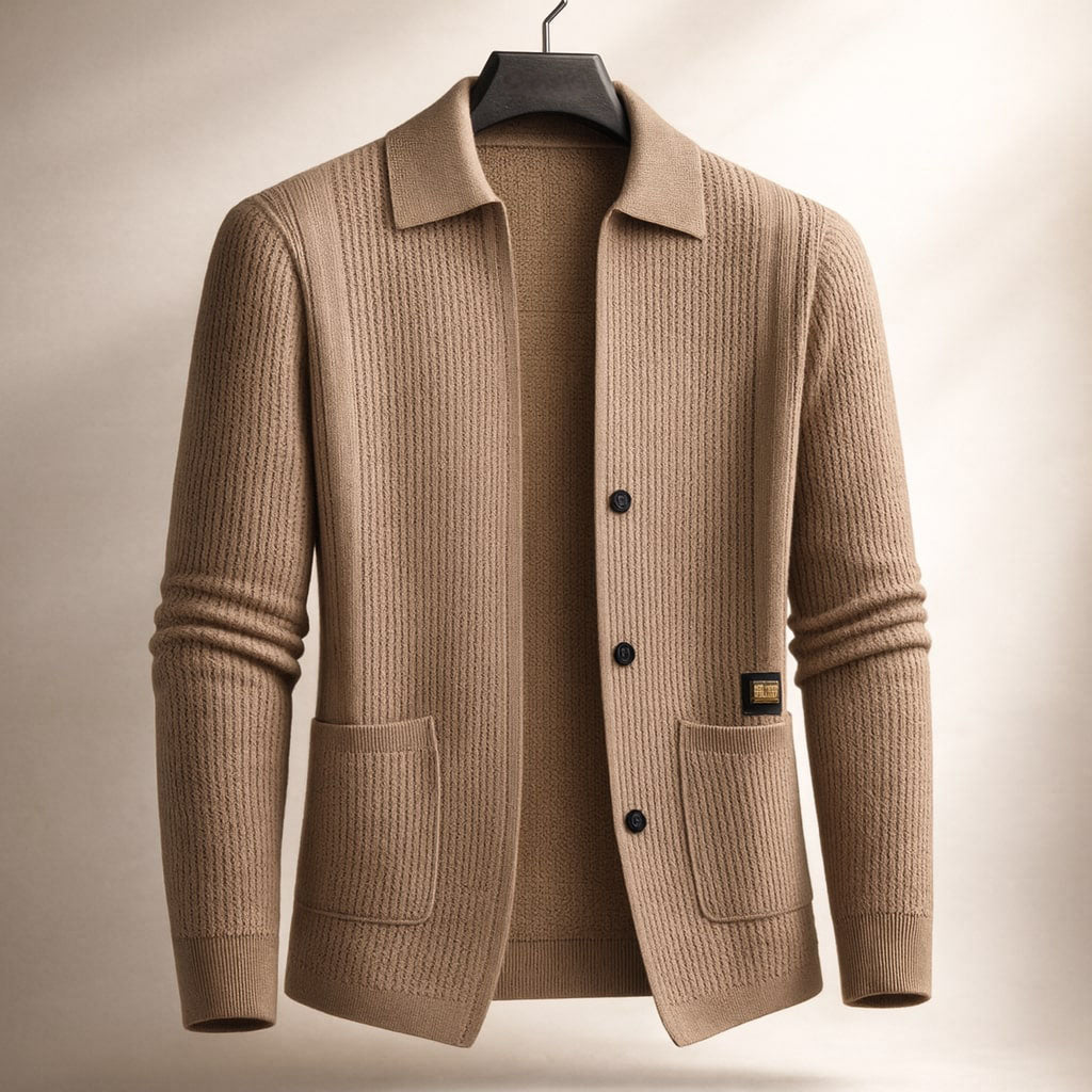 Cozy men's knit cardigan with a refined texture and full button front, perfect for versatile layering.