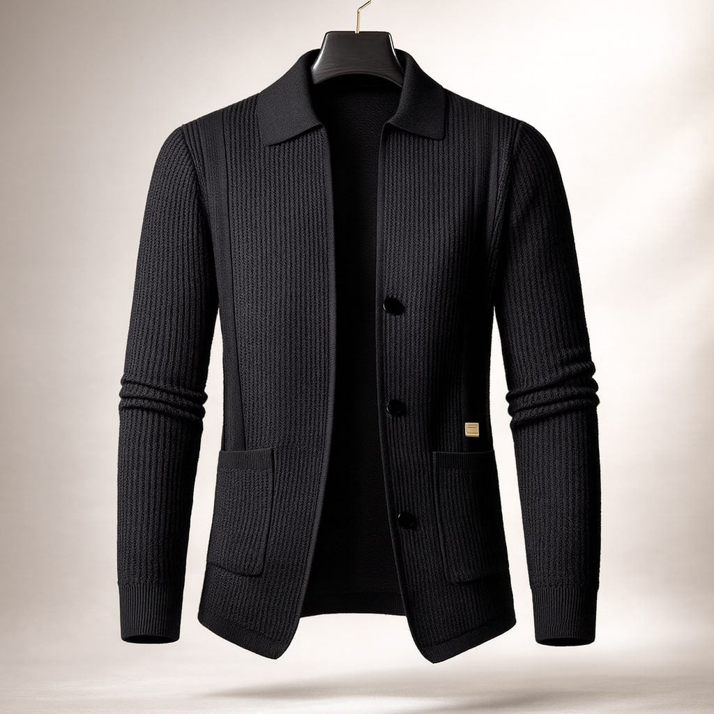 Man wearing a stylish textured button-front cardigan, showcasing its comfortable fit and classic design.