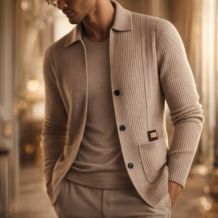 Close-up of a men's button-front cardigan, highlighting the detailed texture, quality buttons, and soft knit.