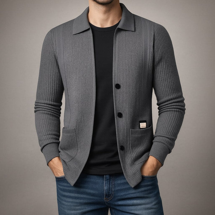 Men's essential textured button-front cardigan. Great for smart casual layering over shirts and tees.