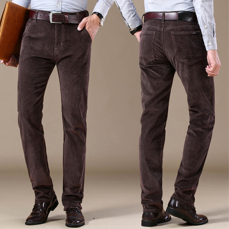 Full length view of men's classic textured straight-leg jeans, embodying timeless men's fashion.