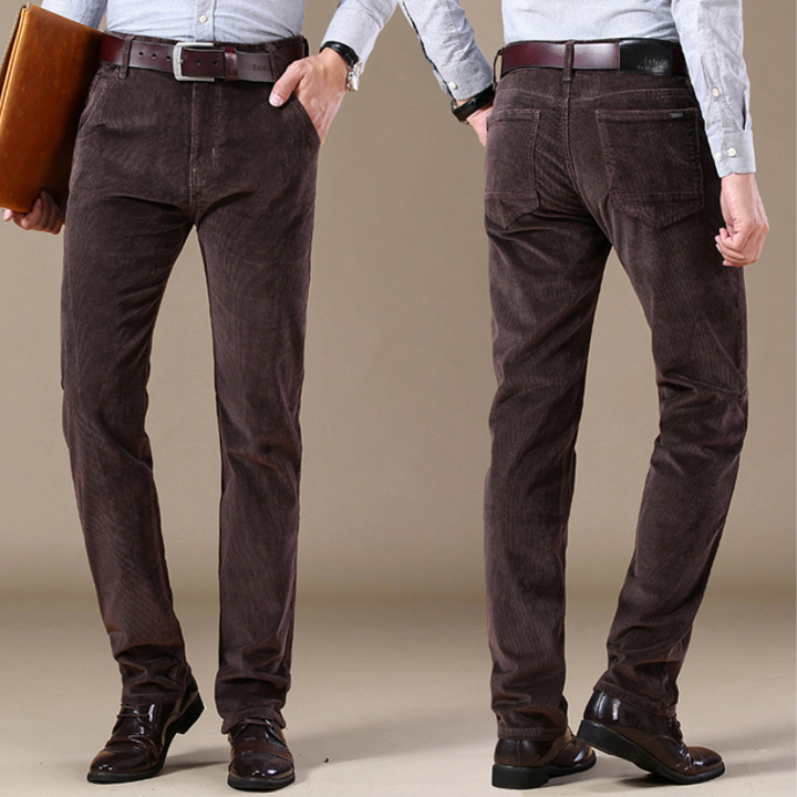 Full length view of men's classic textured straight-leg jeans, embodying timeless men's fashion.