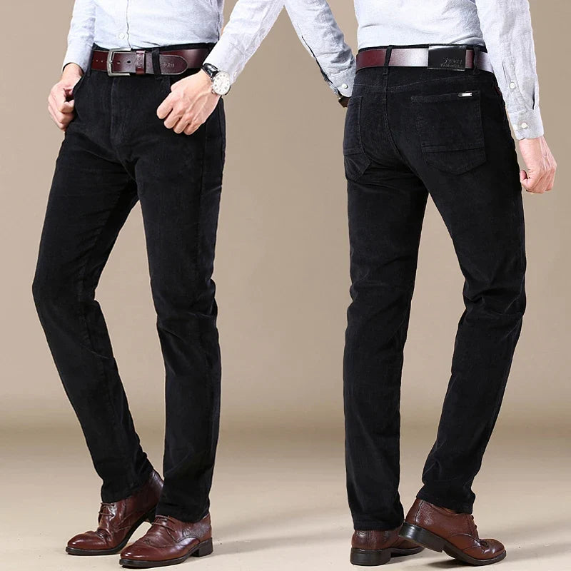 Black men's classic textured straight-leg jeans, tailored fit for modern men's fashion and durability.