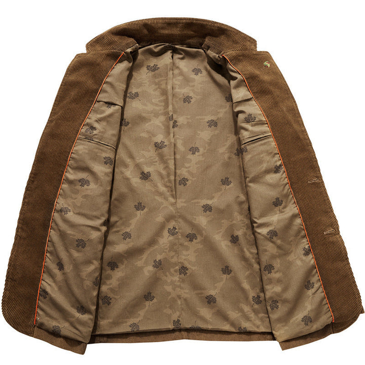 Men's classic brown tailored jacket featuring textured fabric and practical oversized pockets for winter style.