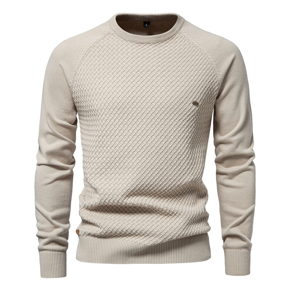 Men's classic textured waffle knit crewneck long sleeve sweater, versatile fall/winter pullover.