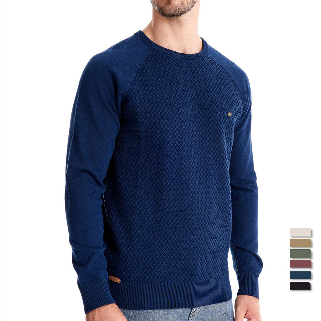 Versatile men's textured waffle knit long sleeve crewneck pullover sweater, fall/winter style.