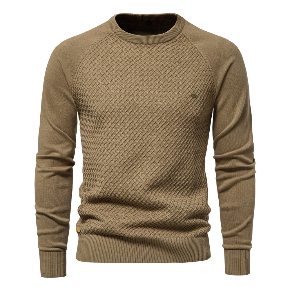 Cozy textured men's waffle knit long sleeve crewneck pullover, versatile casual menswear.