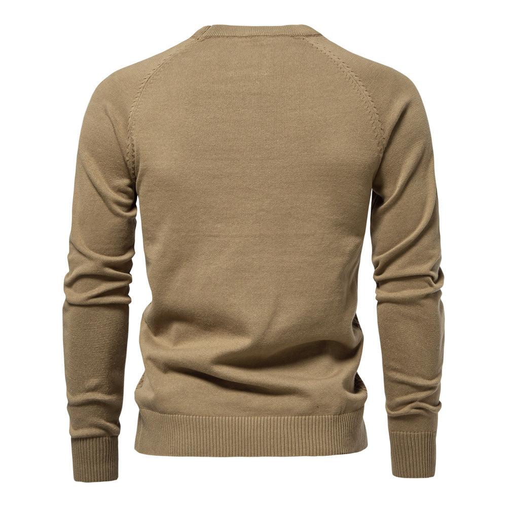 Classic textured men's waffle knit long sleeve crewneck pullover sweater, fall/winter fashion.