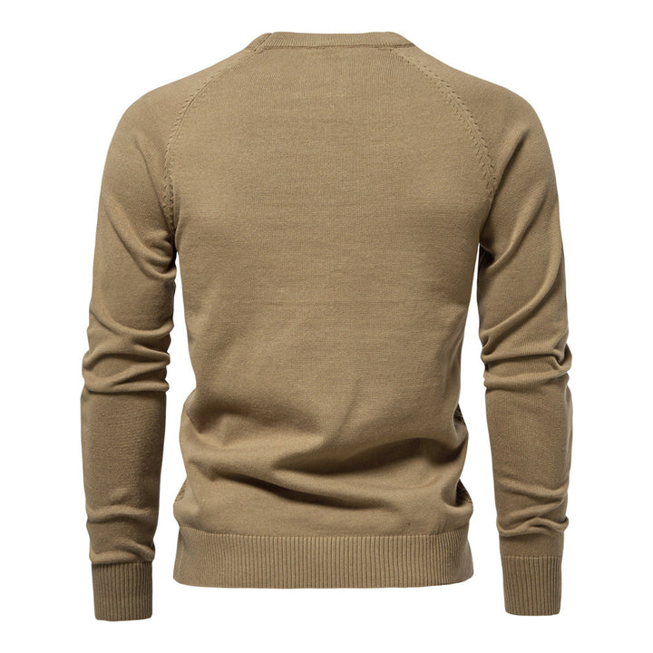 Classic textured men's waffle knit long sleeve crewneck pullover sweater, fall/winter fashion.