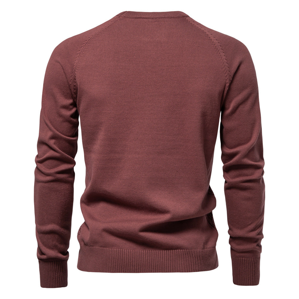 Casual men's textured waffle knit long sleeve crewneck pullover sweater, fall/winter versatility.