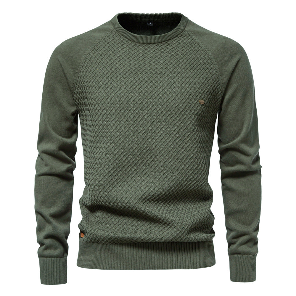 Versatile men's classic textured waffle knit long sleeve crewneck pullover sweater, fall/winter.