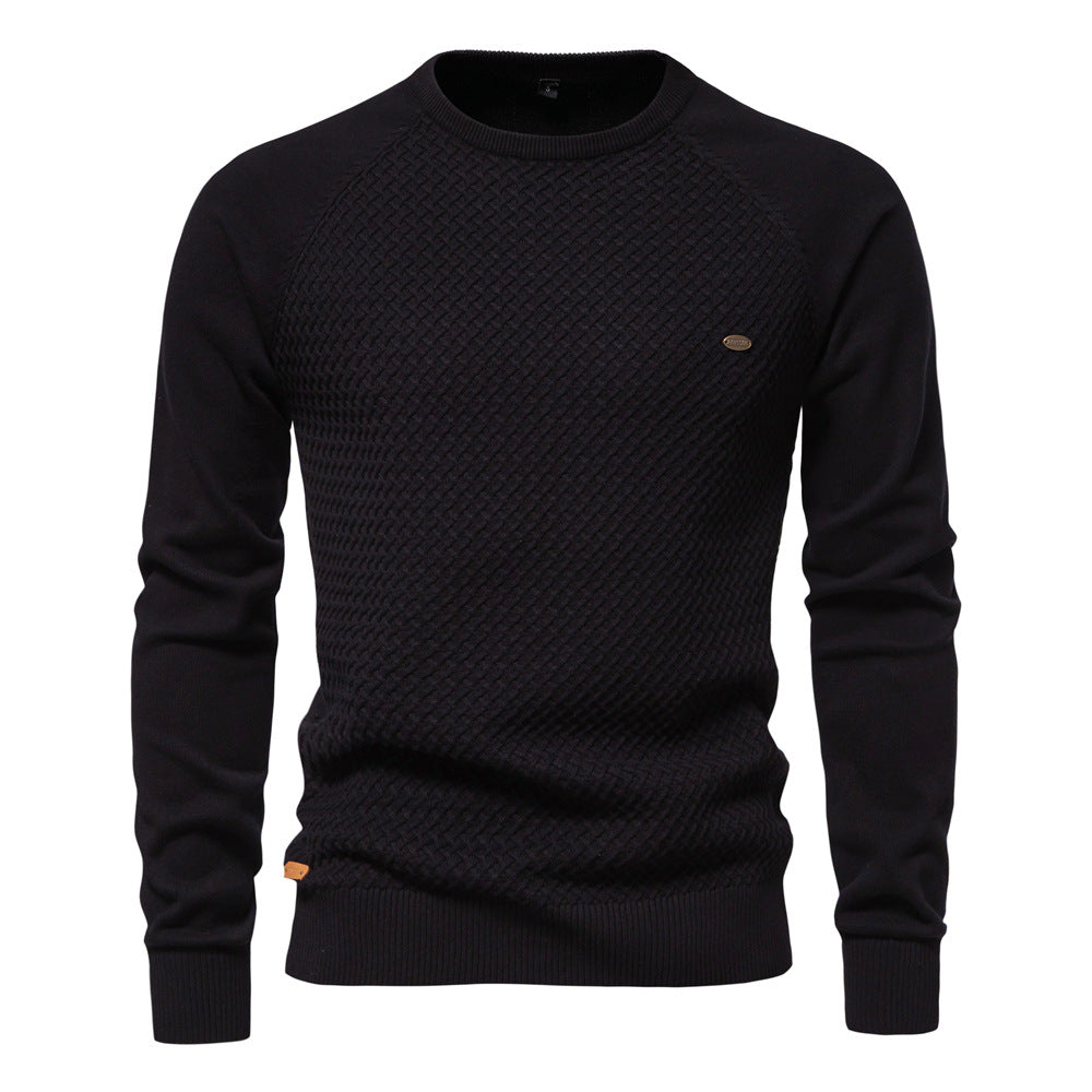 Textured men's crewneck long sleeve pullover, versatile waffle knit sweater for casual menswear.