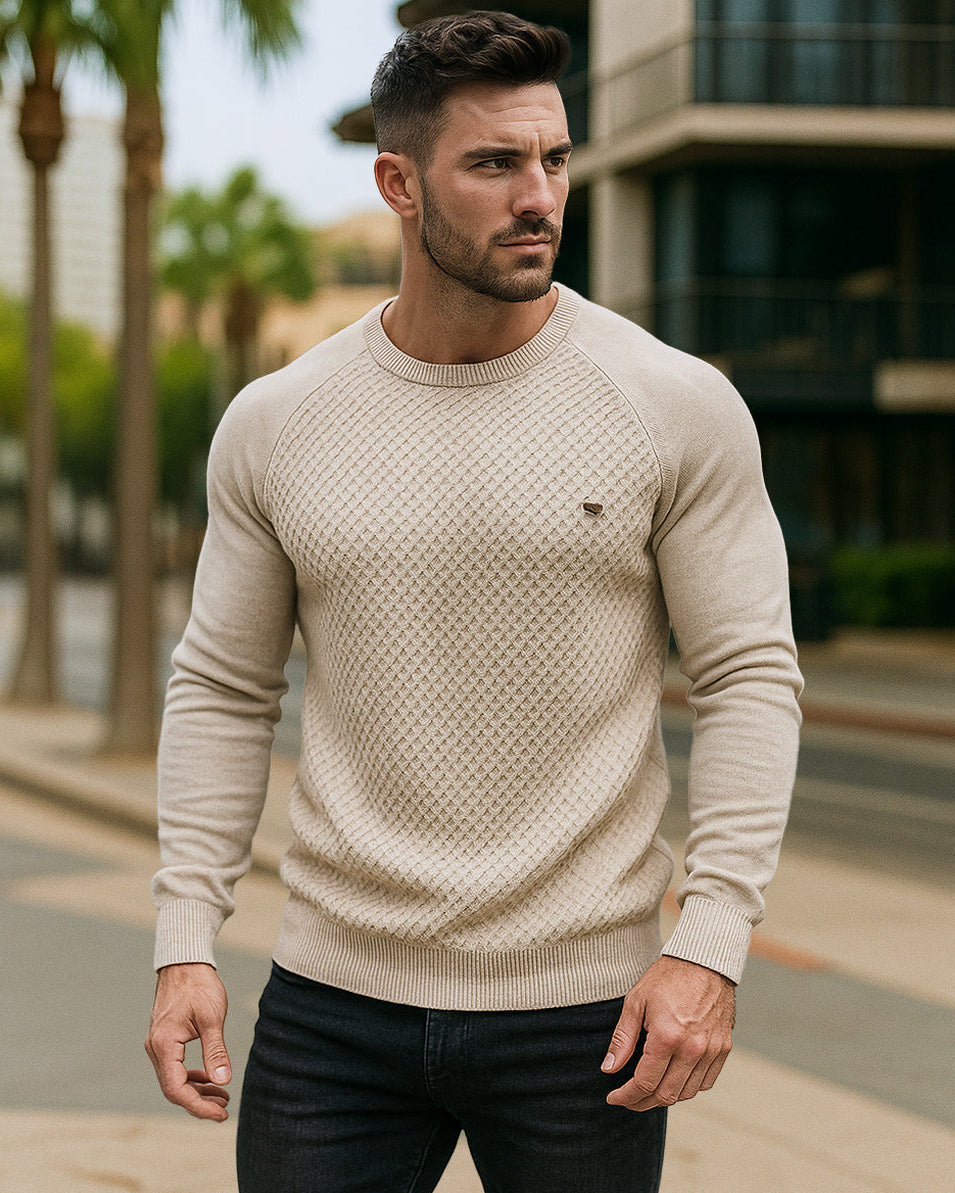 Classic textured men's crewneck long sleeve versatile waffle knit pullover for menswear.