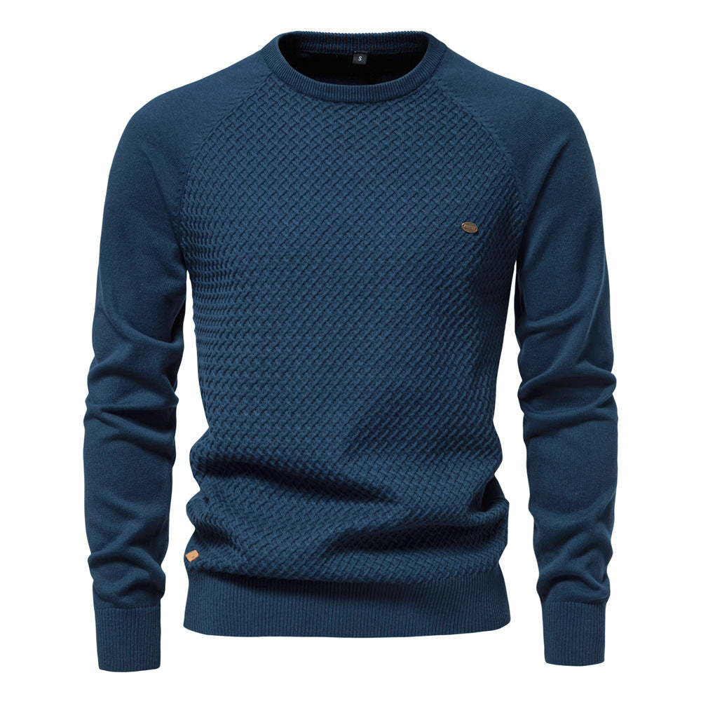 Textured men's long sleeve crewneck waffle knit pullover sweater, versatile casual menswear.