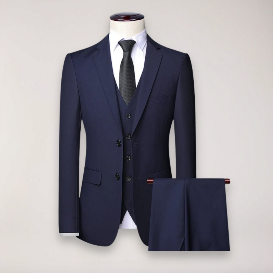 Men's classic three-piece formal suit, tailored for weddings, business, and events. Includes waistcoat.