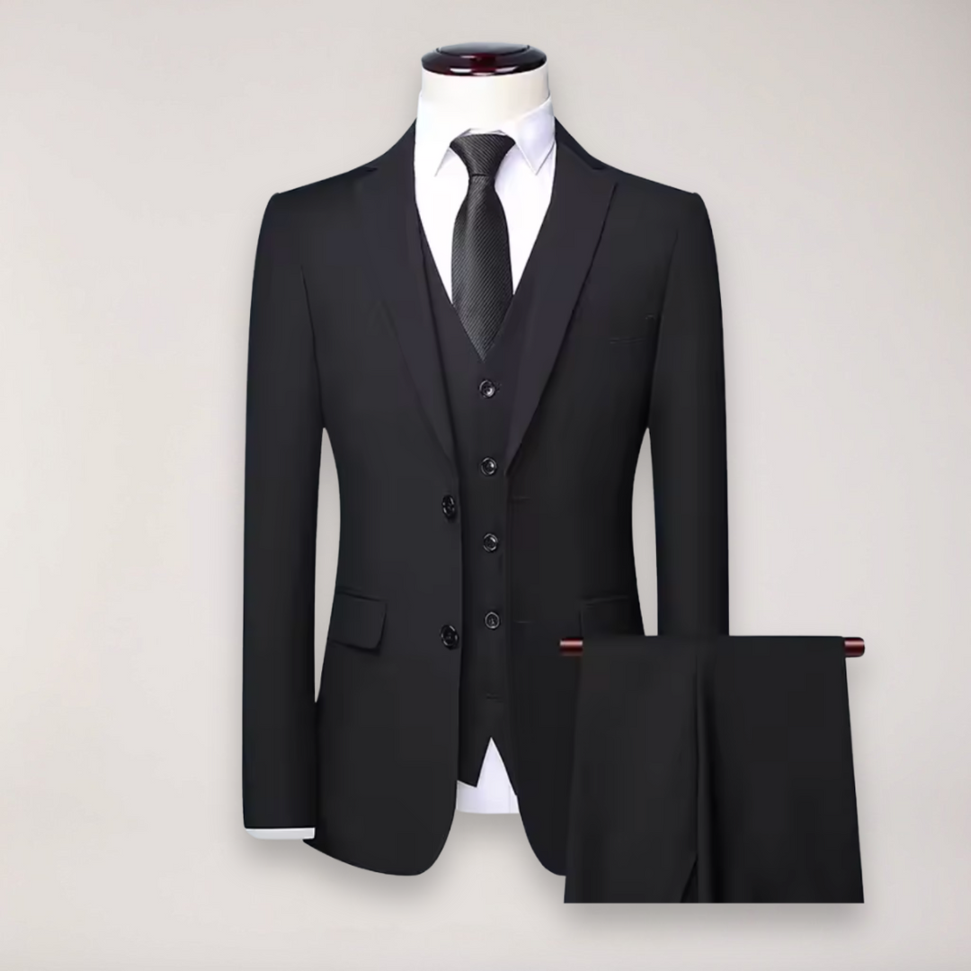 Sophisticated men's classic three-piece suit, perfect for weddings & formal events. Tailored fit.
