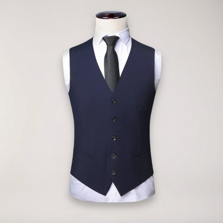 Elegant men's three-piece suit with waistcoat, classic style for weddings, formal events & business.