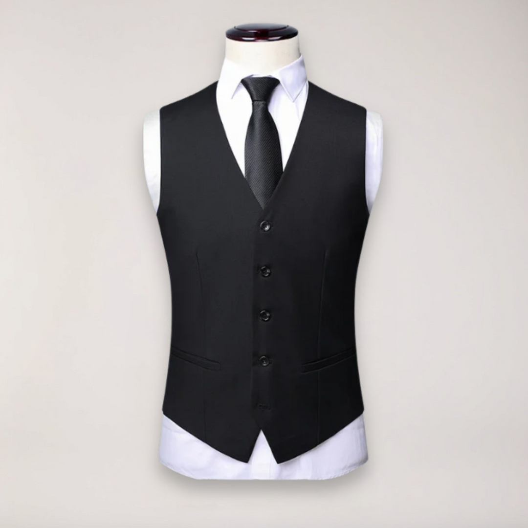 Men's tailored fit three-piece suit, classic formal wear with waistcoat for weddings & events.